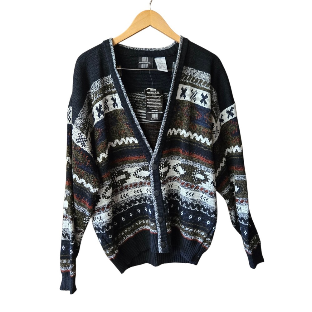 Vintage 90s Expressions Worldwide Multicolor Abstract  Cardigan Sweater Large‎